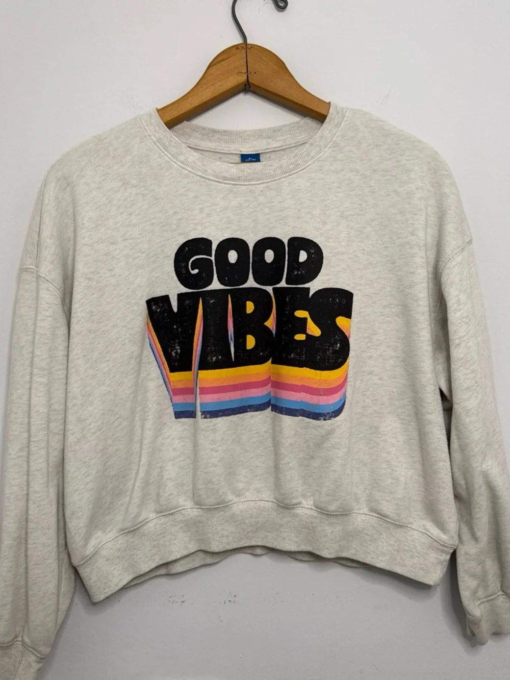 Old Navy Girl’s Grey Crewneck Sweatshirt Good Vibes Casual Cozy Size 14/16